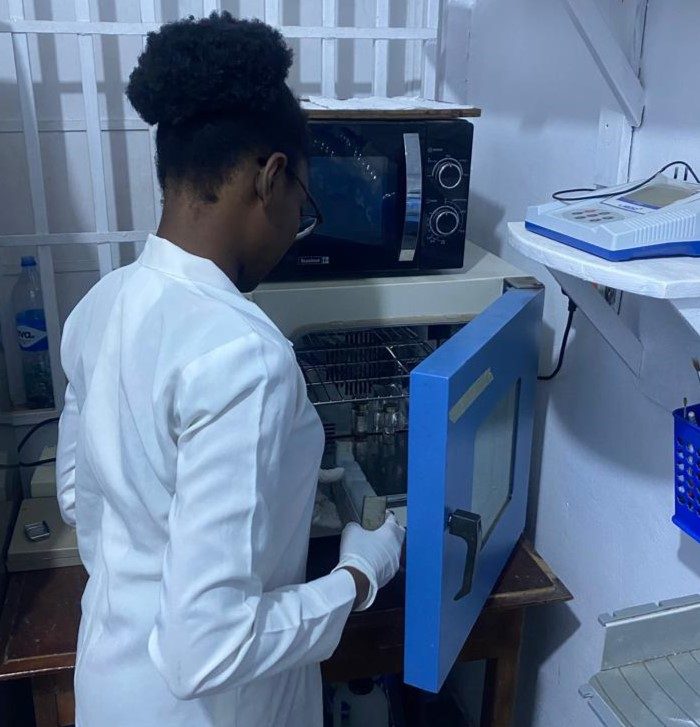 Researcher loading samples into a lab incubator